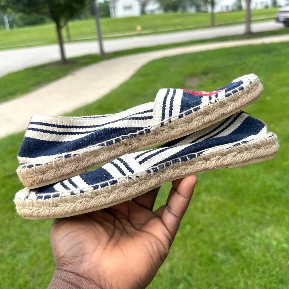 Tory Burch Women's Navy White Red Striped Canvas Espadrille Flats Size 7 Shoes